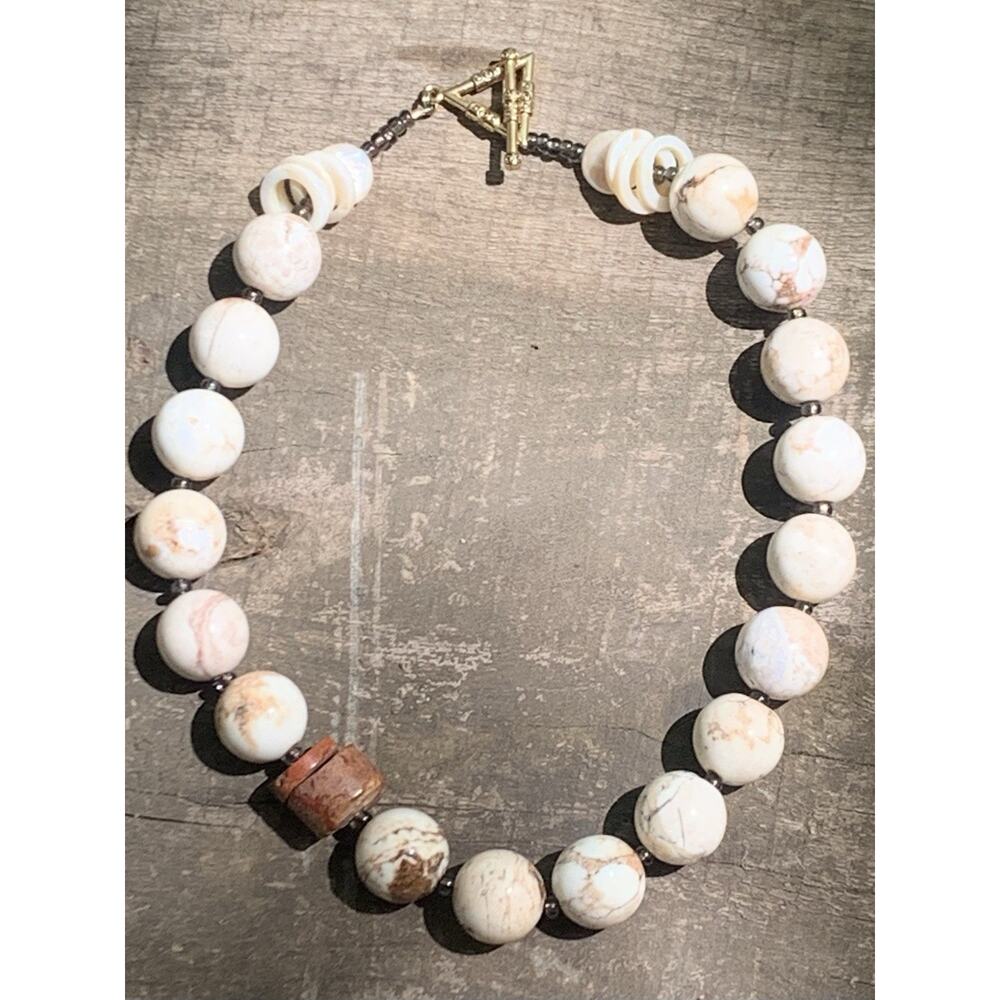 Magnesite, Jasper, Mother of Pearl, Coin Pearl and Beaded Statement Necklace